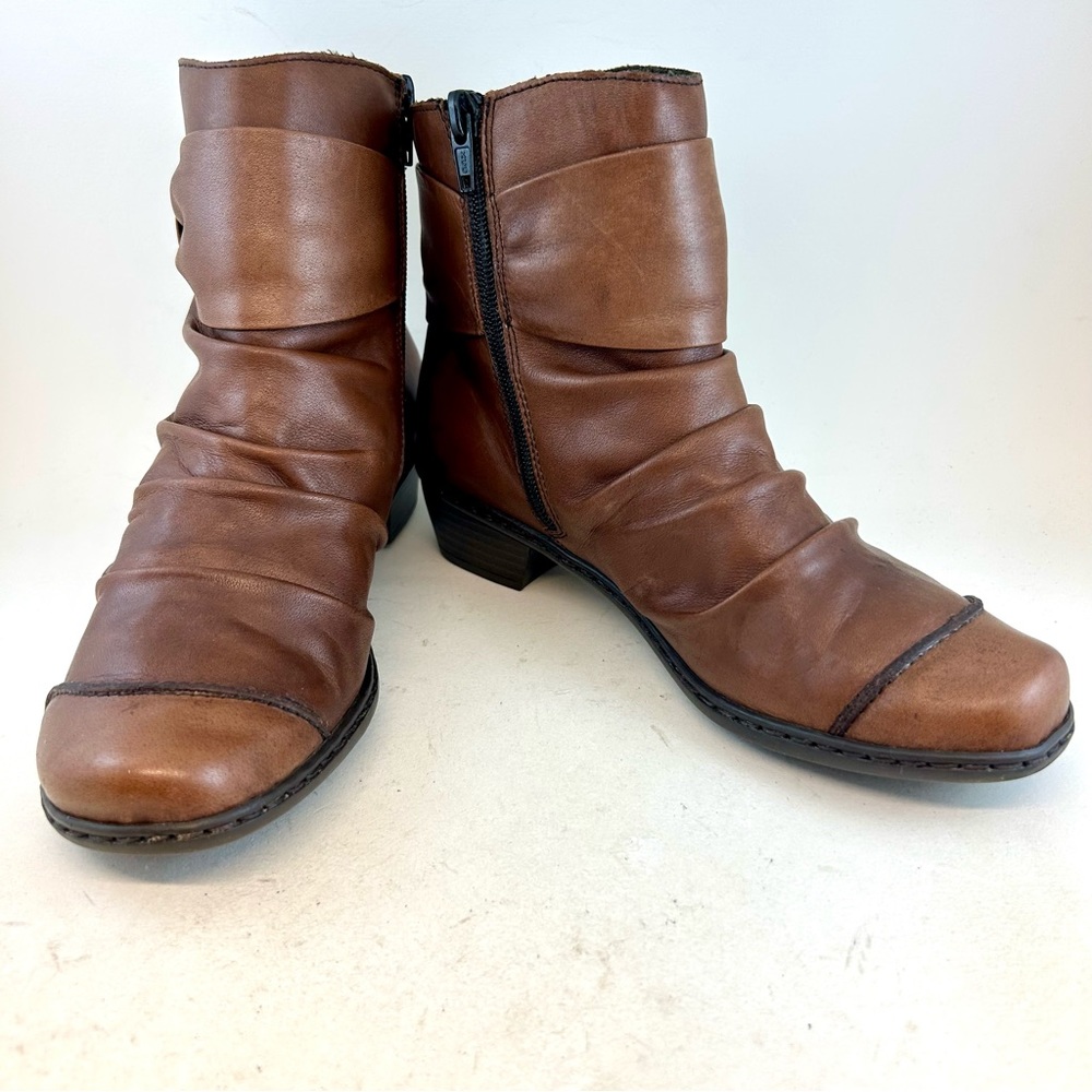 Rieker Antistress Brown Leather Ruched Louise Zipper Ankle Boots Booties 38 7 - Picture 1 of 12